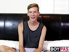 Skinny twink wanks his long cock until he explodes his jizz