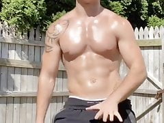 Sexy hot muscle guy dancing with huge bulge in shorts