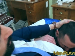 Bearded businessman Miguel Angel bareback barber banging