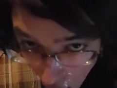 Slutty CD in glasses gets a facial