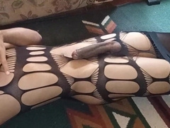 Twunk in mesh sundress and stocking squirts a meaty blast on himself