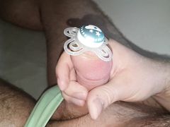 Binky Pacifier + steel rod sounding in condom, condom in urethra, cum