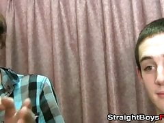 Straight guys jerking off and receiving blowjobs from chick