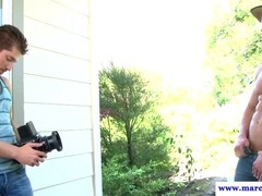 Muscular hunk gets cum sprayed after deep throating