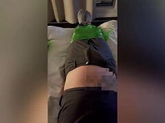 Suffocating Tape bondage clip with an old German construction worker Chinese dominant