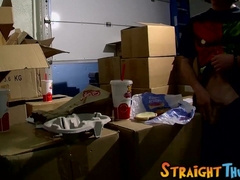 Skinny straight twinks jerk off together and cum on food