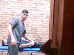 The male nurse gives him a massage and a handjob too