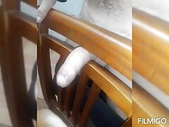 Fucking my chair with my horny big wet uncut cock