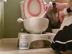 Sissy maid can't help but wet her diaper while cleaning the toilet