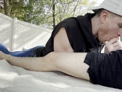 Stepbrother gives deep throat outside until he shoots his load