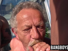Threesome with gay horny grandpa and two younger studs