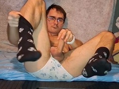 College stud strokes his massive dick and cums on underwear