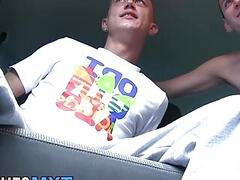 Young gay spitroasted in threesome after picked up by car