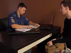 Gay airport cop gives deep throat and anal