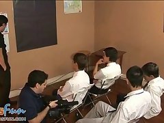 Cute twink students team up to blow their teacher