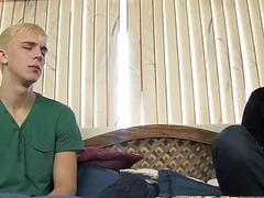 Cute blonde twink sucks his man off and pounds him