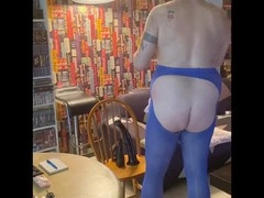 Blue stocking gets her ass drilled with massive toys