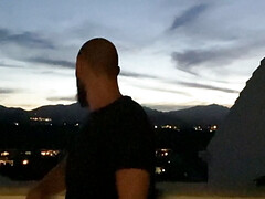 Jerking off on the balcony and shooting a hot load