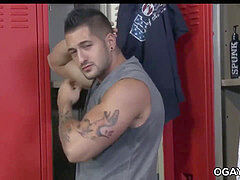 Eddie Cambio shows off his muscle and strokes his big cock after the match