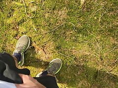 Horny dude jerks his big cock outdoors