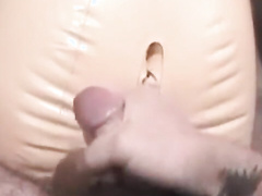 Glasses jock jerking off solo before pounding a sex doll