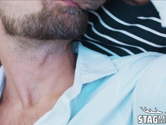 Bottom Luciano strokes cock while Adam Snow rails him deep