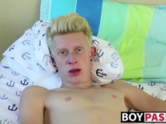 Blond twink sensually tugs on his dick and drills his ass