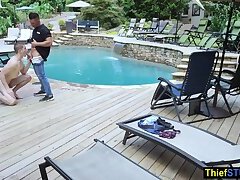 Security guard catching and fucking a teen perp in the pool