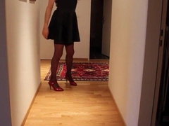 Clothed in Leather microskirt and crimson high high-heeled slippers have fun till jism