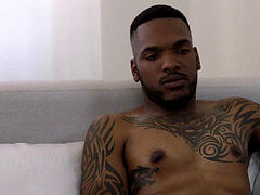 Gay threesome, dark-hued, deep throat