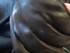 Black leather dress, wanking with gloves till i cum