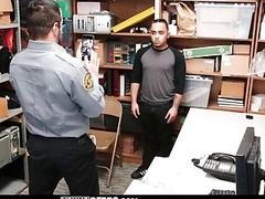 Daddy mall cop teaches a straight Latin guy a lesson about stealing
