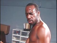 Black dude cums on a light skinned black man's face.