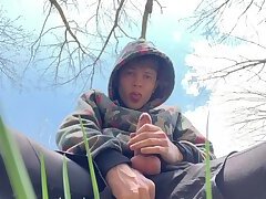 Sweet Boy Jerking his Big Dick (23cm) Outdoor &#x2F; Huge Cumshot on Camera &#x2F; College Boy