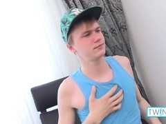 Slender blonde twink Liam P strokes his big cock and shoots a load!