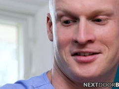 Bald masseur massages hunky dude and rides his cock