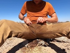 Spraying pee in the desert while jerking off under the hot sun