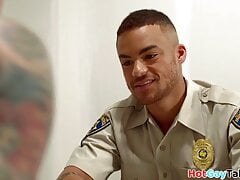 Inked stud blows cock before breeding with police officer