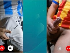 Opposing team rivals have a discreet video call hookup to jerk off after the derby