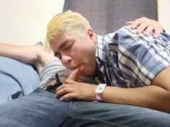 Best friends watch movies while ebony friend gags on handsome straight guy's massive white cock