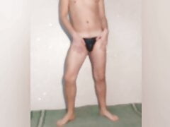 Sexy Russian guy posing in black jockstrap and showing hole