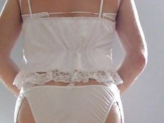 Crossdresser in silky white lingerie (Thlin2168)