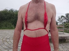 Submissive crossdresser Sklave-Franzd gets dominated in public with a huge anal toy