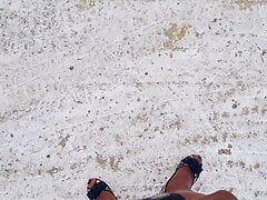 Cumshot in the snow with double layered pantyhose and high heels