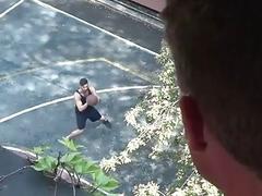 Two basket players play not only with the basket ball...