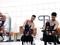 Sporty males share the gym for naughty anal workout