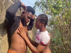 Big black cock drills young femboy outdoors