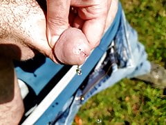 More outdoor slow motion piss at camera