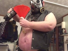 Chubby bear Hoggtubbs in a harness with a big belly and a gay funnel
