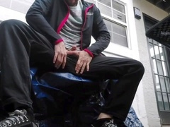 Public balcony pee and cumming before the snow falls - risky solo male masturbation in the rain with dirty talk and moaning!